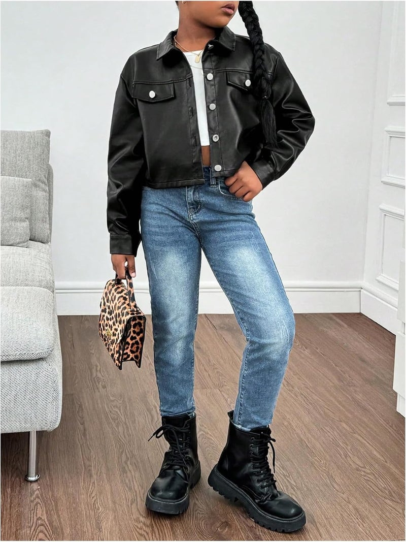 BEAUDRM Store Girl's PU Leather Cropped Jacket Button Down Long Sleeve Outerwear Streetwear - Image 4